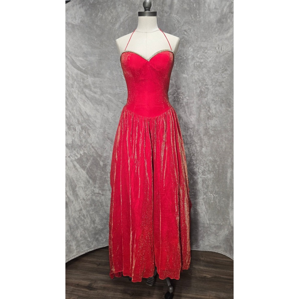 Alyce Designs Regency Red Metallic Gold Shimmer Halter Hoco Prom Gown Dress Sz 6